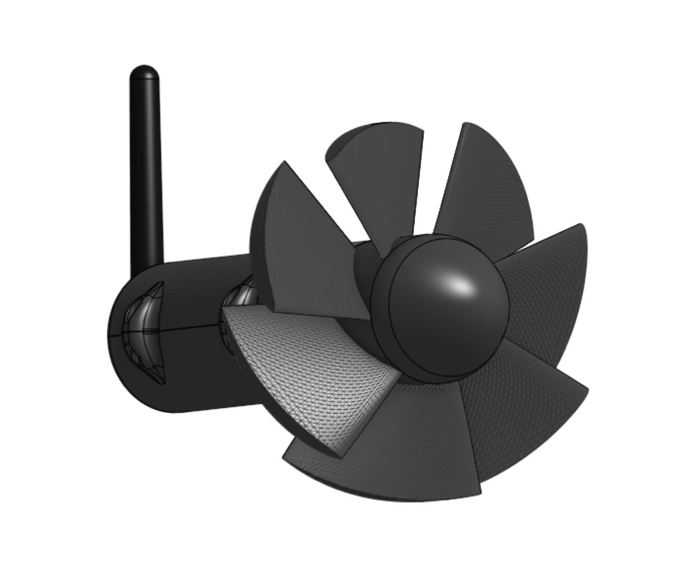 CanalSense node assembly: in-flow turbine rotor, sealed housing, and antenna